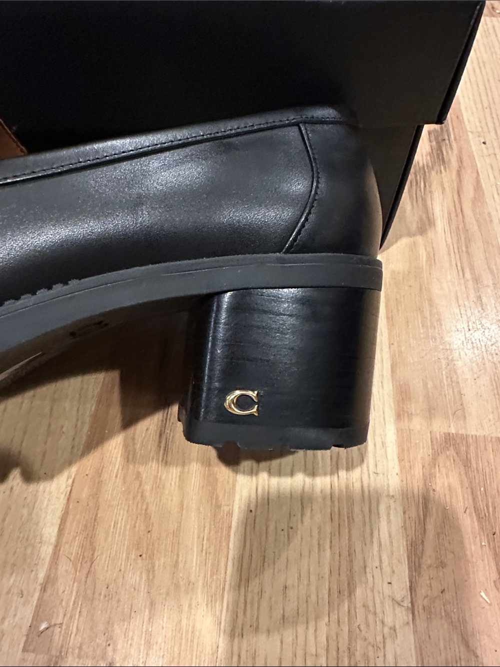 Coach Black Leather Lug Sole Block Heel Loafers - Picture 3 of 8